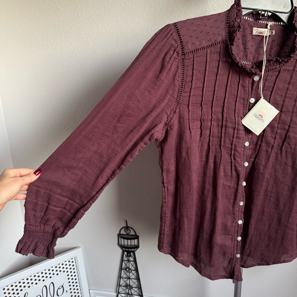 NWT FAHERTY Willa Button Front Peasant Blouse Organic Cotton Catawaba Grape Sz M - Picture 5 of 13